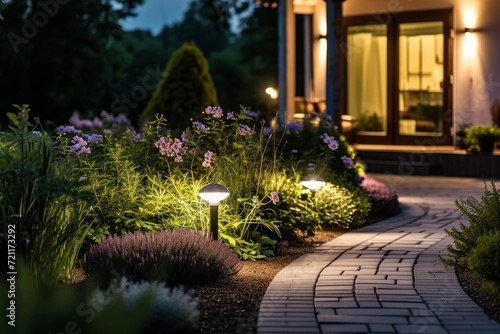 Modern gardening landscaping design details. Illuminated pathway in front of residential house. Landscape garden with ambient lighting system installation highlighting flowers, Generative AI