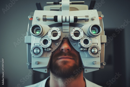 Man visiting the ophthalmologist for an eye exam using the phoropter machine during eye care appointment. Person is having vision test at the optical store. Optical diagnostic consultation. photo