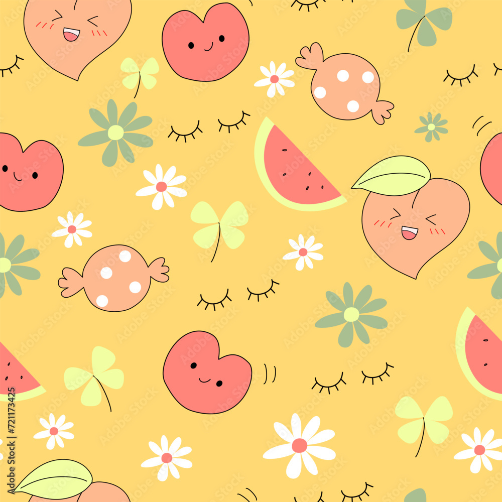 Seamless pattern with watermelon, hearts, flowers and candy Seamless pattern with watermelon, hearts, flowers and candy