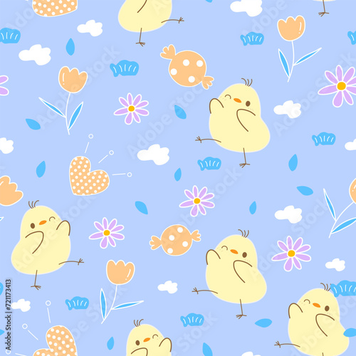 Seamless pattern of birds and flowers on a blue background