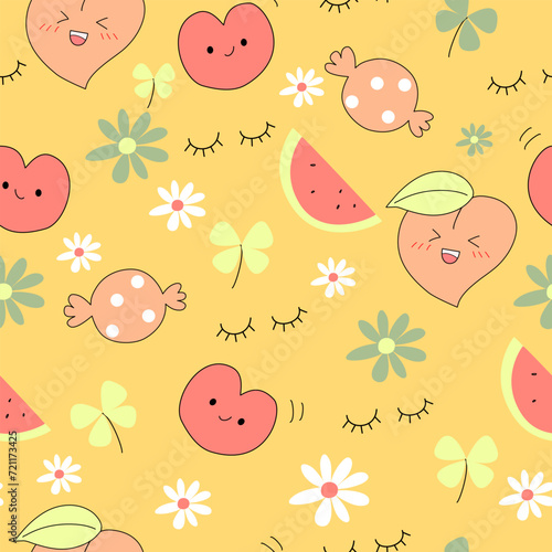 Seamless pattern with watermelon, hearts, flowers and candy