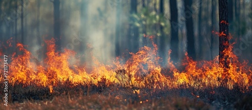 Burning young pine and forest fire illustrate wildfires or prescribed burning. photo