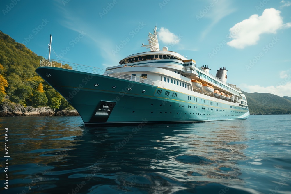 Seaside Elegance: A Cruise Ship Yacht Takes Center Stage on a Touristic Voyage, Gliding Through the Ocean Waters, Elevating the Experience of Seafaring Vacationers