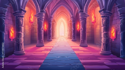 cartoon illustration Long medieval castle corridor with torches. Interior of ancient Palace with stone arch.