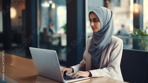 arab woman working on a laptop in office photo