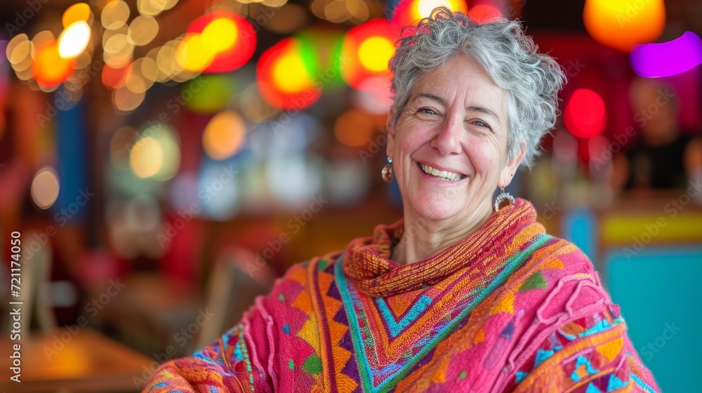 Beautiful mature woman dressed in poncho posing in holiday decorated bar with lights bulb Beautiful mature woman dressed in poncho posing in holiday decorated bar with lights bulb