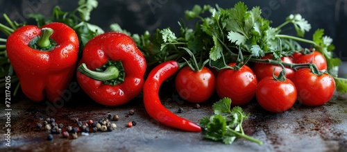 Decorated red peppers and tomatoes with coriander.