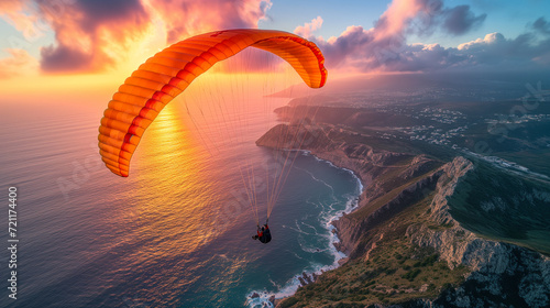 top view of a paraglider or parachutist on an orange paraglider flying over an incredible view of the mountain coast and sea horizon with a beautiful sky and sunset