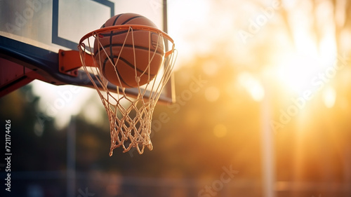 Ball in basketball hoop at sunrise photo