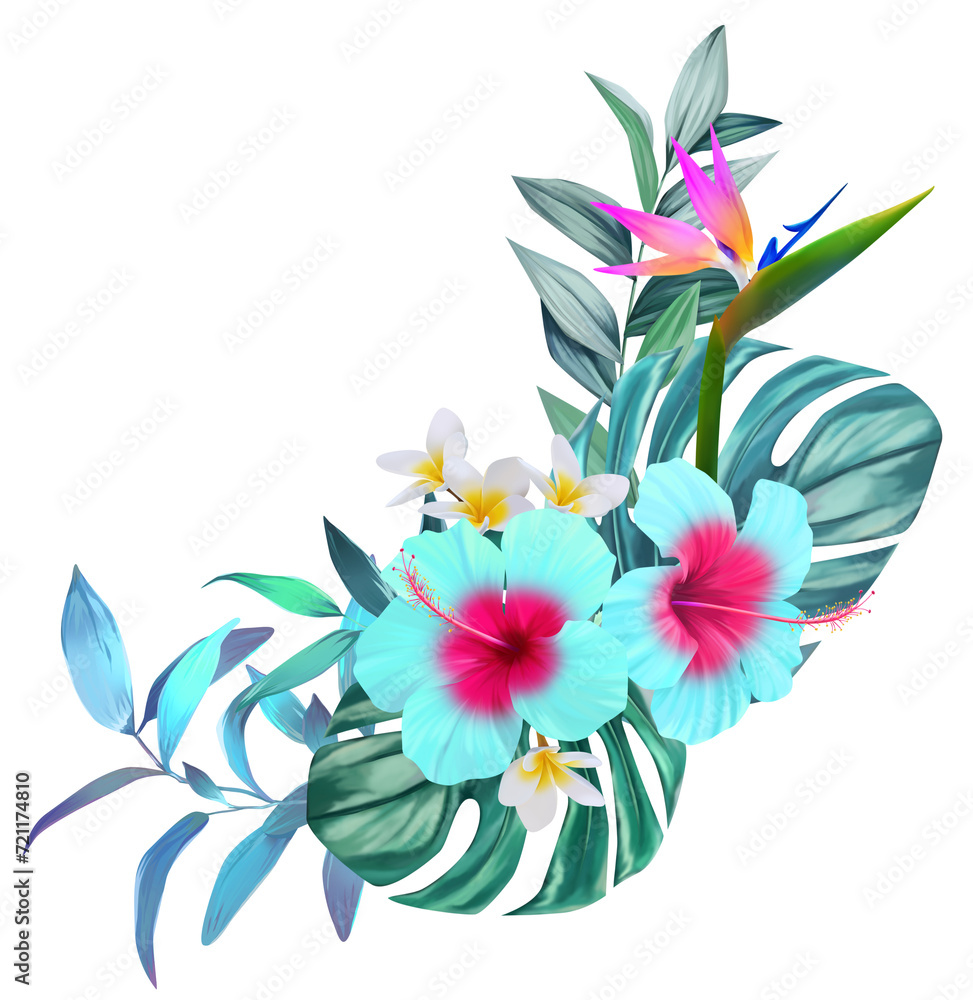 Beautiful tropical bouquet. Bright blue turquoise hibiscus flowers in vegetation. Jungle flowers, exotic