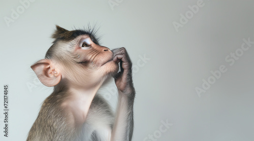 Portrait of a young baby chimpanzee. Isolated monkey. Chimpanzee monkey's surprised funny face isolated on white background. Monkey portrait with surprised expression on its face and its hand on lips 
