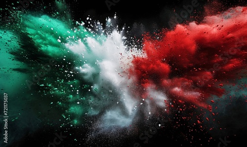 Green  white and red colored powder explosions on black background. Holi paint powder splash in colors of Mexican flag  Generative AI