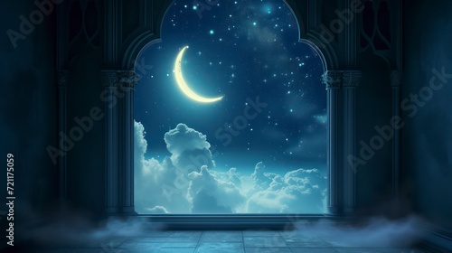 Mystical window with crescent moon in night sky. Generative AI