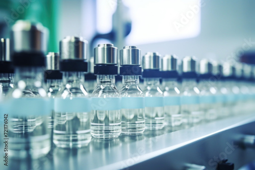 Rows of medical vials on a production line in a pharmaceutical facility.