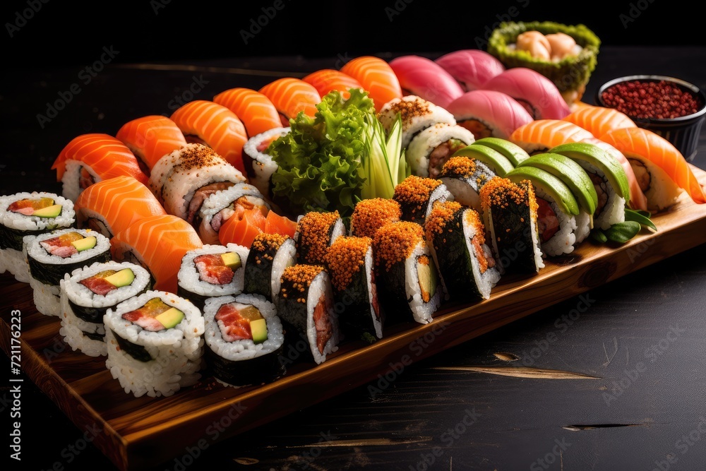 A sushi buffet with assorted rolls. A sushi buffet with assorted rolls.