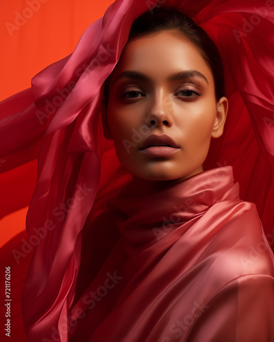 art style makeup model with red background photo