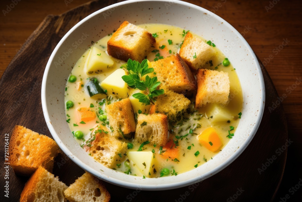 A bowl of vegetable soup with croutons.