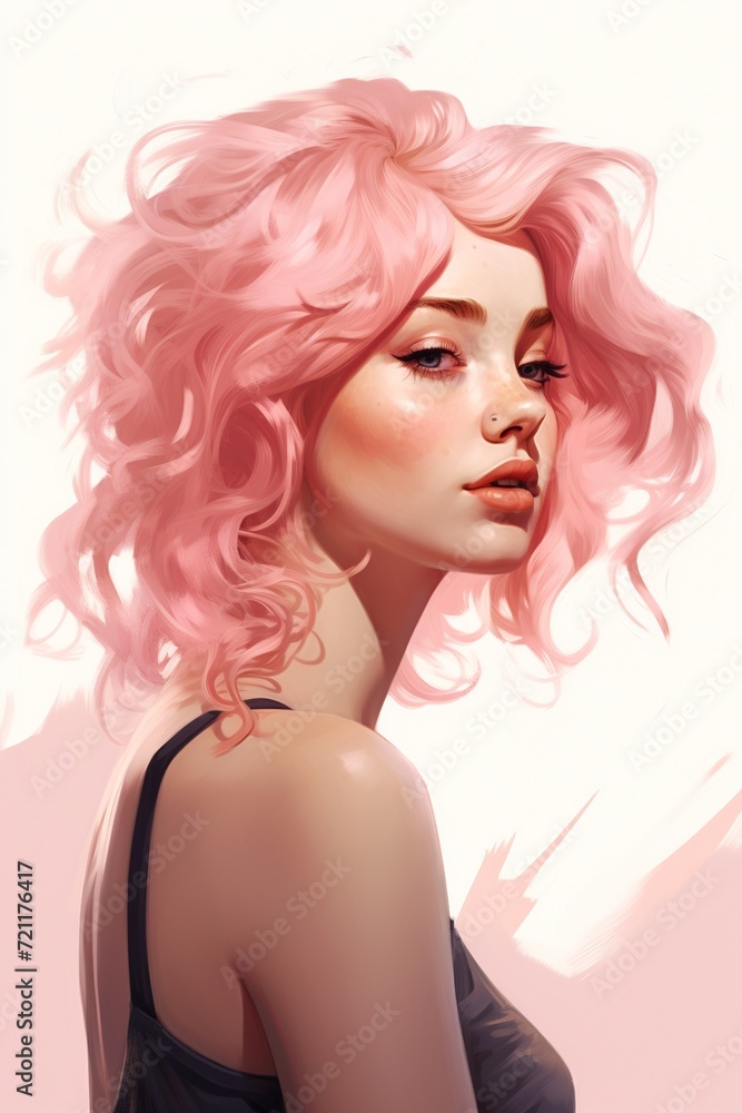 Dreamy Woman with Flowing Pink Hair and Blue Eyes Dreamy Woman with Flowing Pink Hair and Blue Eyes