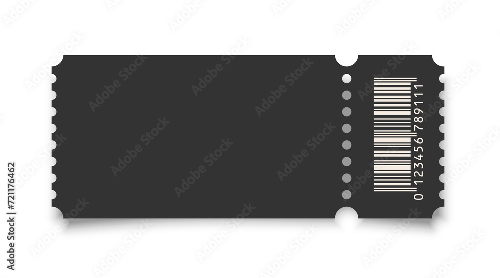 Cinema ticket realistic vector template. Retro black paper coupon for event, discount voucher mockup with barcode and text space on white background. Concert, movie, raffle, carnival blank pass - obrazy, fototapety, plakaty 