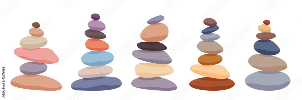 Meditation stone balance pyramid set vector illustration. Stacked pebbles pastel colors object collection isolated on white background