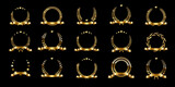 Gold laurel wreath winner award set vector illustration. Golden branch of olive leaves or stars of victory symbol, emblem decoration design, triumph honor champion prize isolated on black background