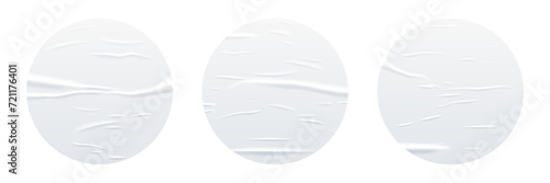 Glued white circle paper sheets set. Vector isolated realistic crumpled posters bundle. Wet greased wrinkles blank template texture. Empty advertising column mockup for creative design