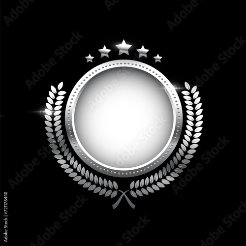 Silver shiny circle medal, laurel wreath with stars vector illustration. Chrome shining round badge prize for winner, award trophy nominee luxury symbol, nomination reward emblem on black background