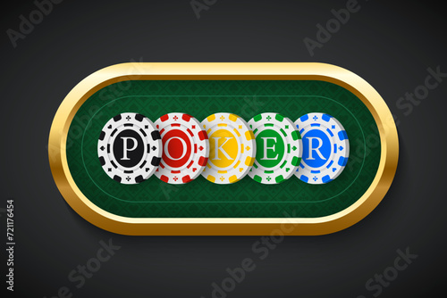 Poker green table background vector illustration. Realistic playing field with colored chips for game blackjack on black background. Casino concept