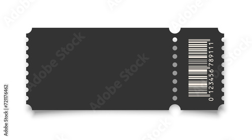 Cinema ticket realistic vector template. Retro black paper coupon for event, discount voucher mockup with barcode and text space on white background. Concert, movie, raffle, carnival blank pass photo