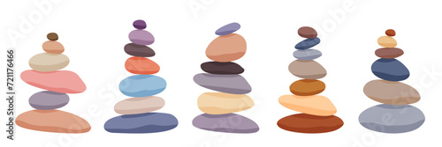 Meditation stone balance pyramid set vector illustration. Stacked pebbles pastel colors object collection isolated on white background