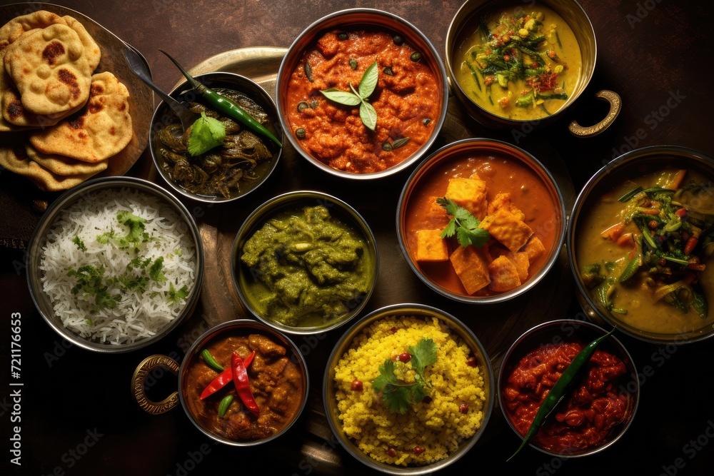 A spread of Indian curry dishes. A spread of Indian curry dishes.