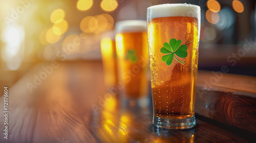 Glasses of beer with green clover leaves on a wooden table in the pub. the concept of St. Patrick's Day. copy space
