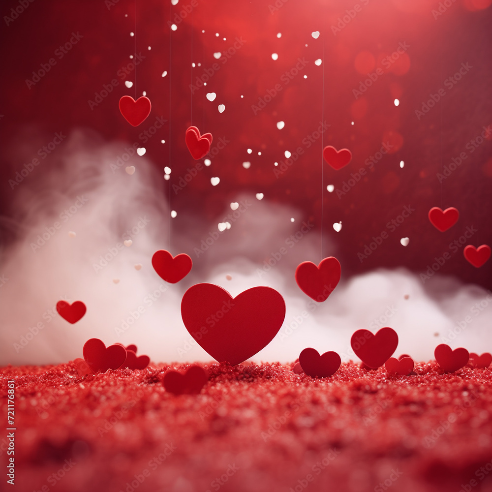 cloud on top on red background, paper red hearts like rain falling from clouds, cloud on top on red background, paper red hearts like rain falling from clouds,