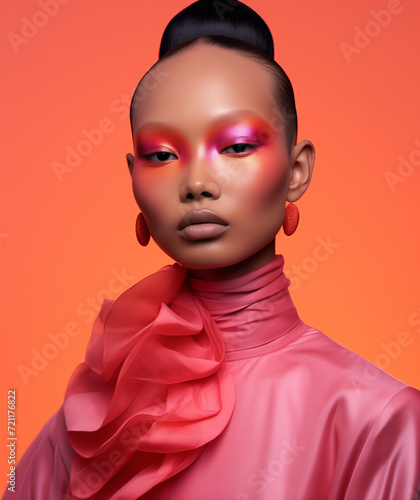 woman wearing dark orange and light magenta makeup style