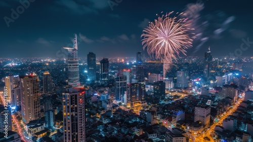 Aerial view with fireworks light up sky over business district in Ho Chi Minh City © Chingiz