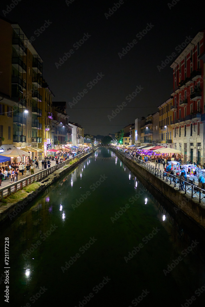 Canal at night in the Navigli district of Milan, Italy