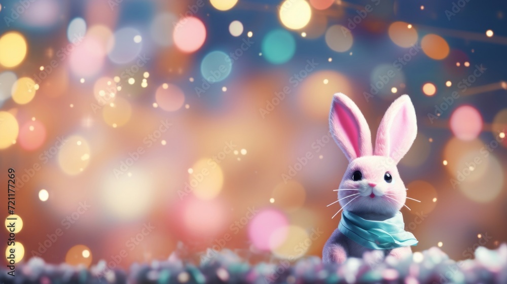 A cute pink Easter bunny with a teal scarf surrounded by soft glowing festive lights, evoking holiday warmth.