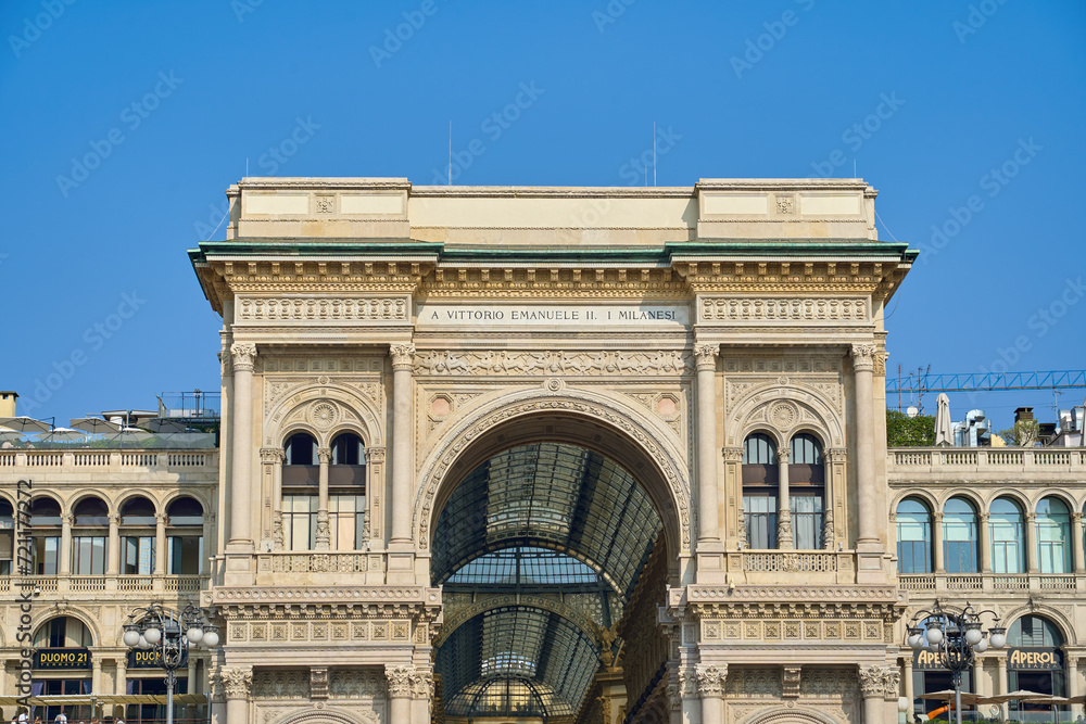 Entrance to the galleria vittorio emanuele ii as seen from the public square in Milan, Italy