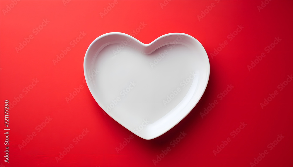 heart shaped white plate on a red background top view heart shaped white plate on a red background top view