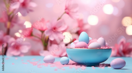 Pastel Easter eggs in a blue bowl  decorated with cherry blossoms on a pink confetti background.