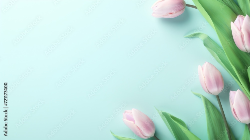 Fototapeta premium Soft pink tulips arranged on a tranquil blue background, depicting freshness and calmness.