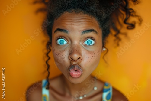 The young girl made a grimace with her lips, and stared at the orange background