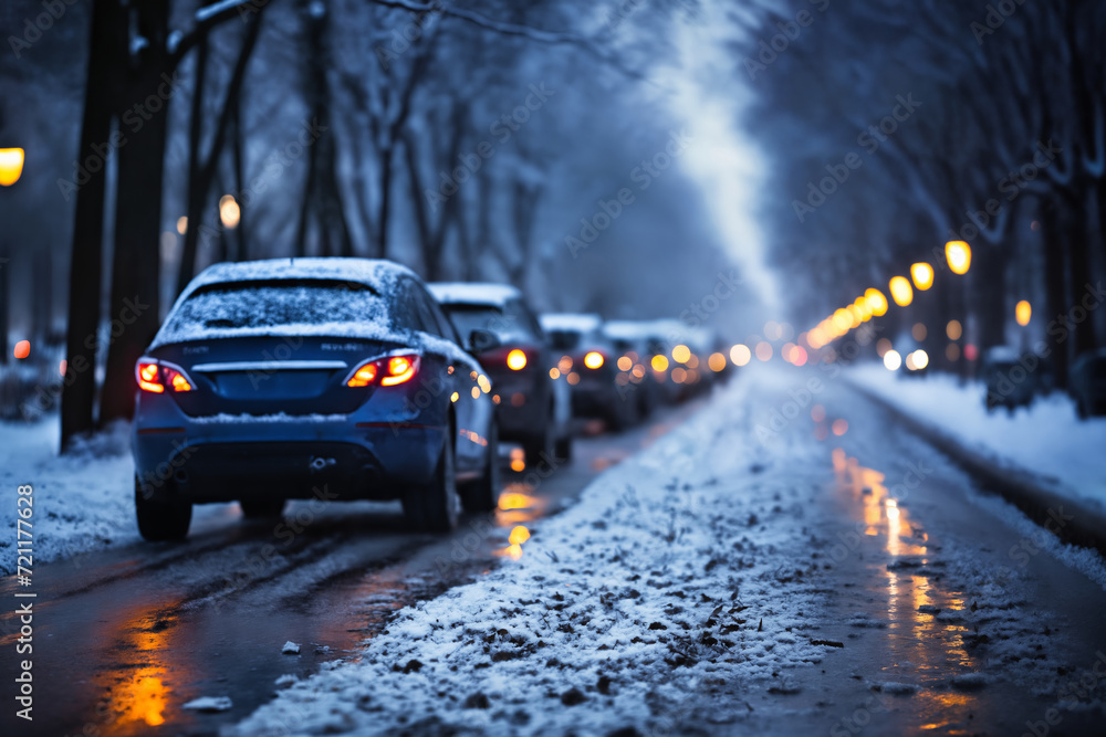 snow covered road in a winter city, traffic jam, concept of traffic safety on a slippery road