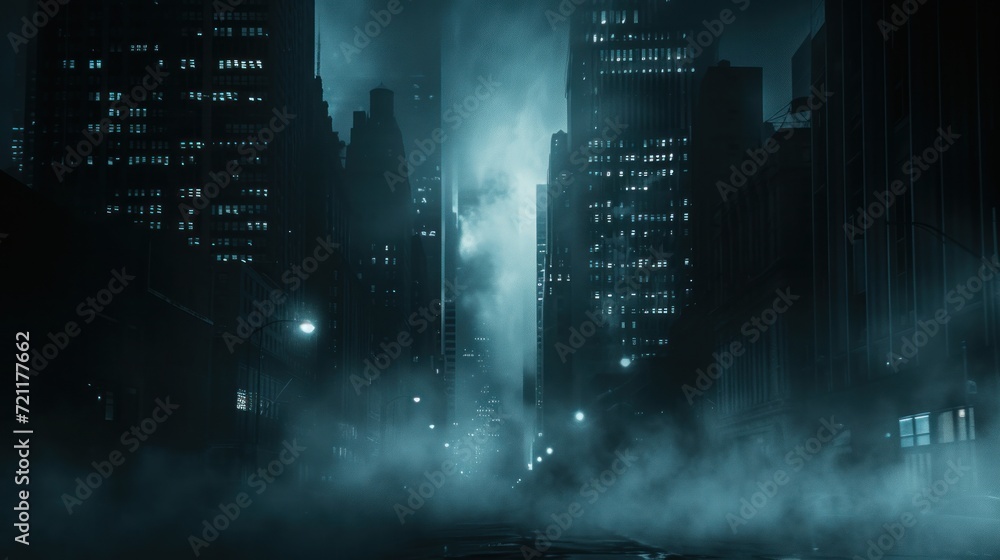 Obraz premium dark gloomy city street at night. background for crime. dark foggy abandoned city with glowing light, crime dark background. --ar 16:9 --v 6 Job ID: aeb0a23b-fac3-48eb-a255-a11ddced4369