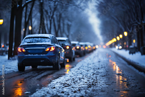 snow covered road in a winter city  traffic jam  concept of traffic safety on a slippery road