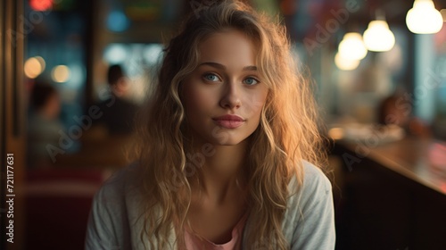 Serene young woman with curly blonde hair sitting in a cozy diner setting, soft lighting.