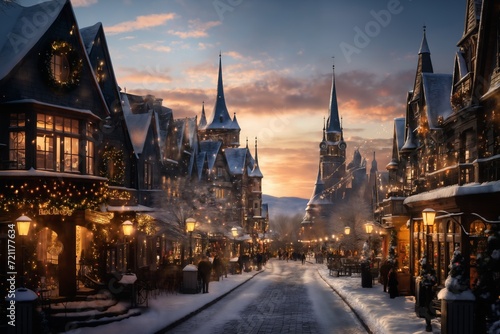 beautiful view of village street in winter, exteriors of houses decorated for Christmas or New Year holiday, snow, street lights, festive environment