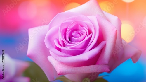 A single pink rose in full bloom against a backdrop of colorful bokeh lights  conveying romance and beauty.