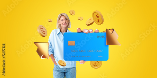 Woman with credit card and cashback icons photo