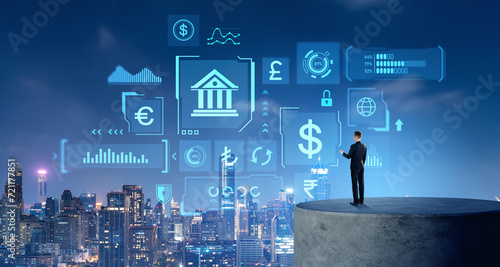 Businessman on a concrete platform, central bank digital currency dashboard photo